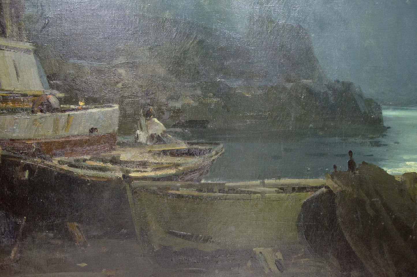 Moody impressionistic oil painting of Zakharov Fedor Zakharovich night landscape boat on rocky shore