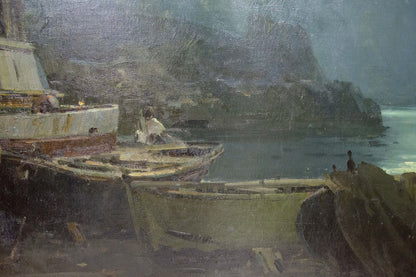 Moody impressionistic oil painting of Zakharov Fedor Zakharovich night landscape boat on rocky shore