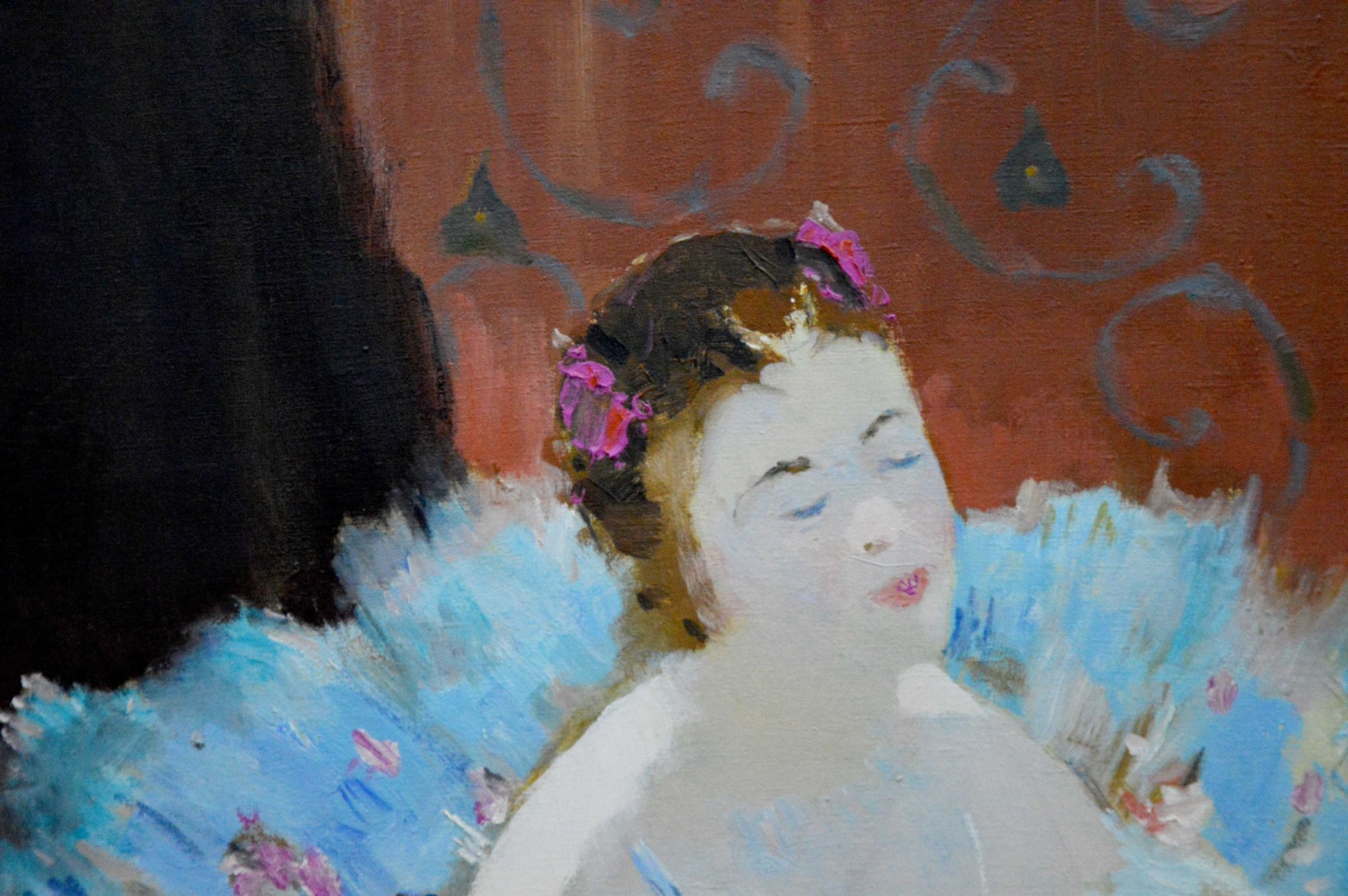 Serene ballerina portrait oil painting by Baskakov N. N. with pink flowers