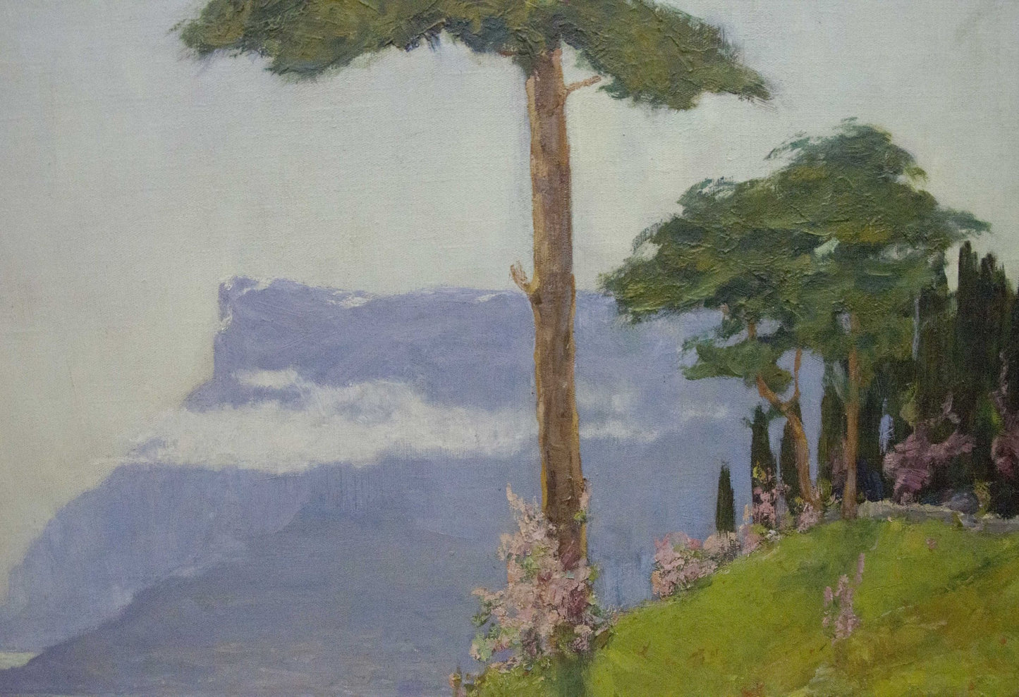Oil painting of tall pine tree on misty mountain by Ivan Alekseevich Vladimirov