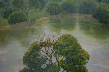 Serene oil painting of birds nest in tree by pond with children
