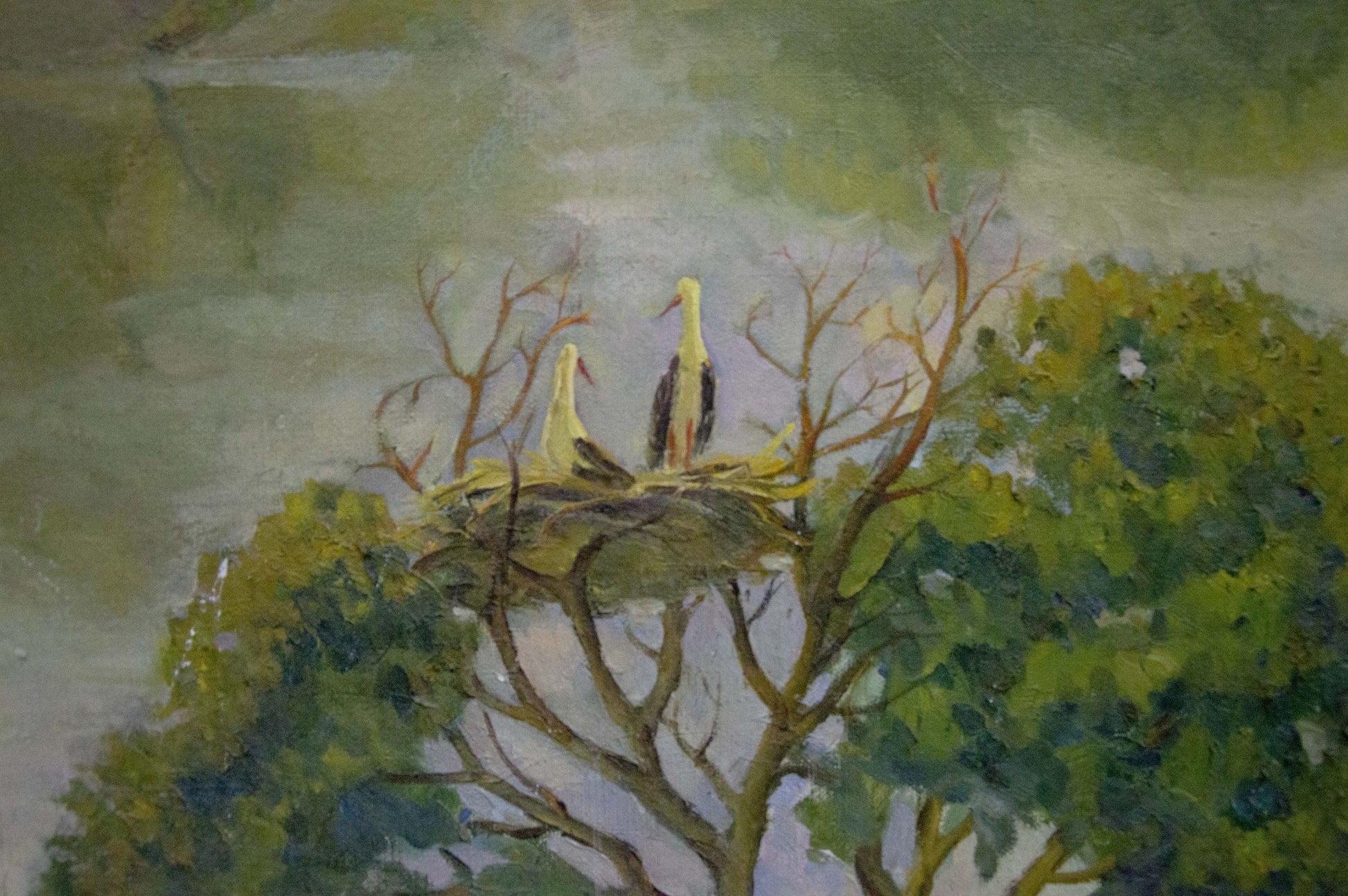Oil painting of two white storks in nest amid lush foliage