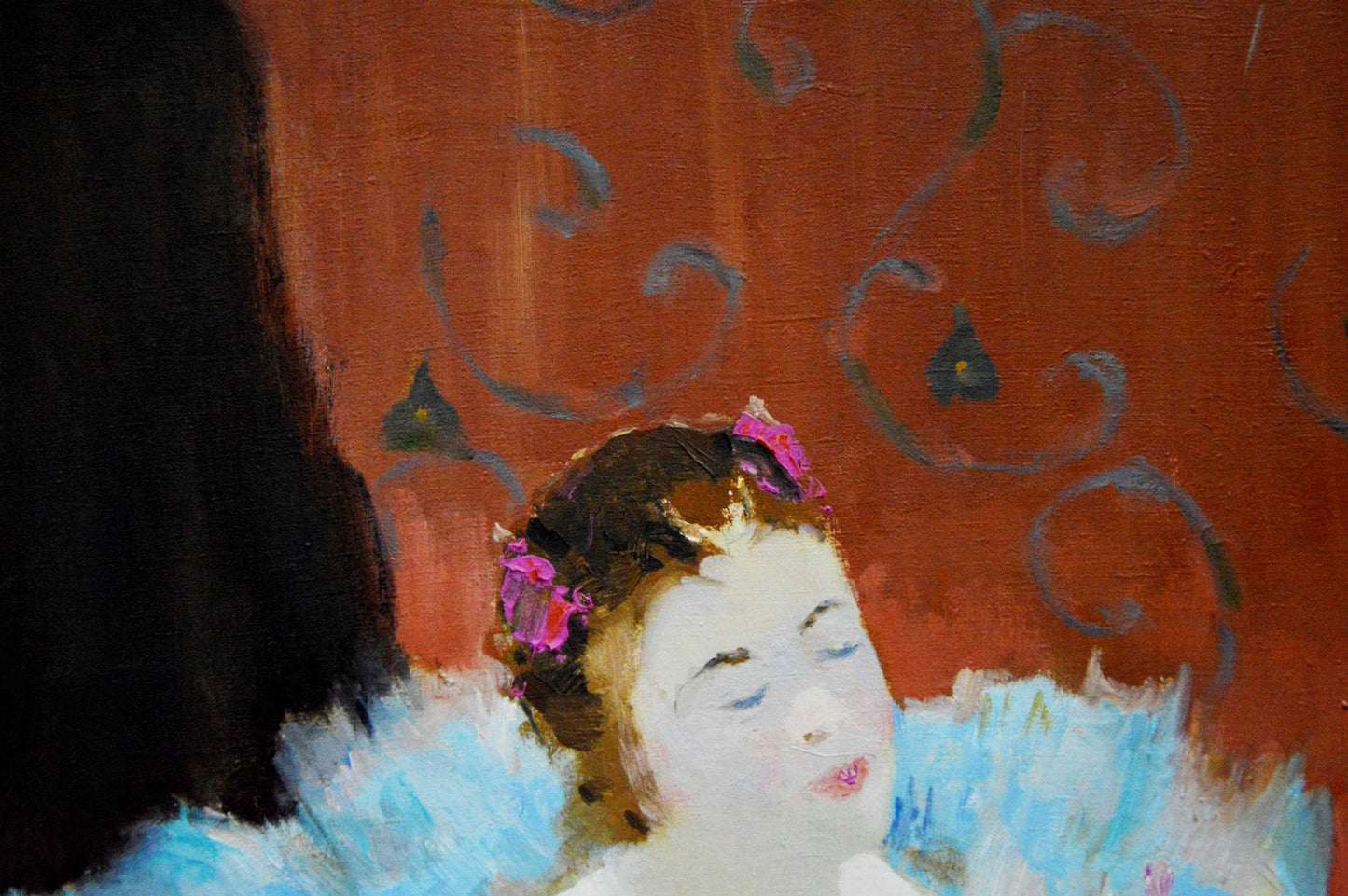 Oil painting of ballerina portrait by Baskakov N. N. with pink flowers