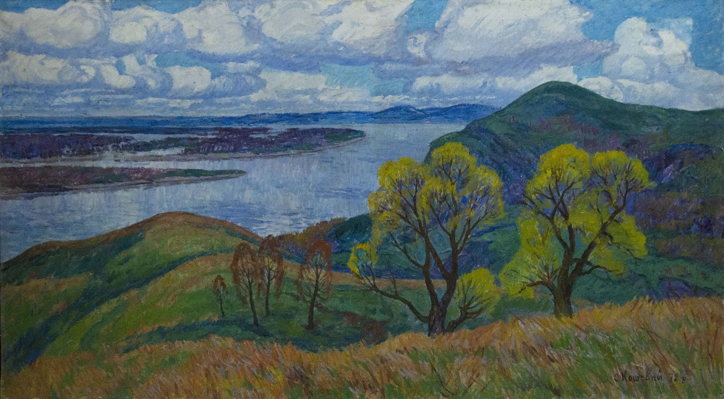 Vibrant impressionist oil painting by Koshevoi Stepan Lvovich: green hills, river, autumn trees