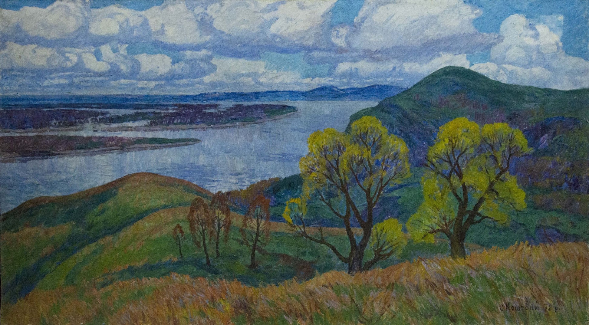 Vibrant impressionist oil painting by Koshevoi Stepan Lvovich: green hills, river, autumn trees