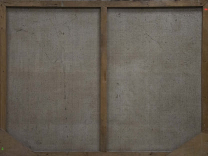 Back of two-panel wooden-framed oil painting Children walk by the pond