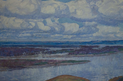 Oil painting of cloudy sky over water and land by Koshevoi Stepan Lvovich