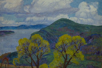 Vibrant oil painting by Koshevoi Stepan Lvovich: lush green hillside, yellow trees, river, cloudy sky