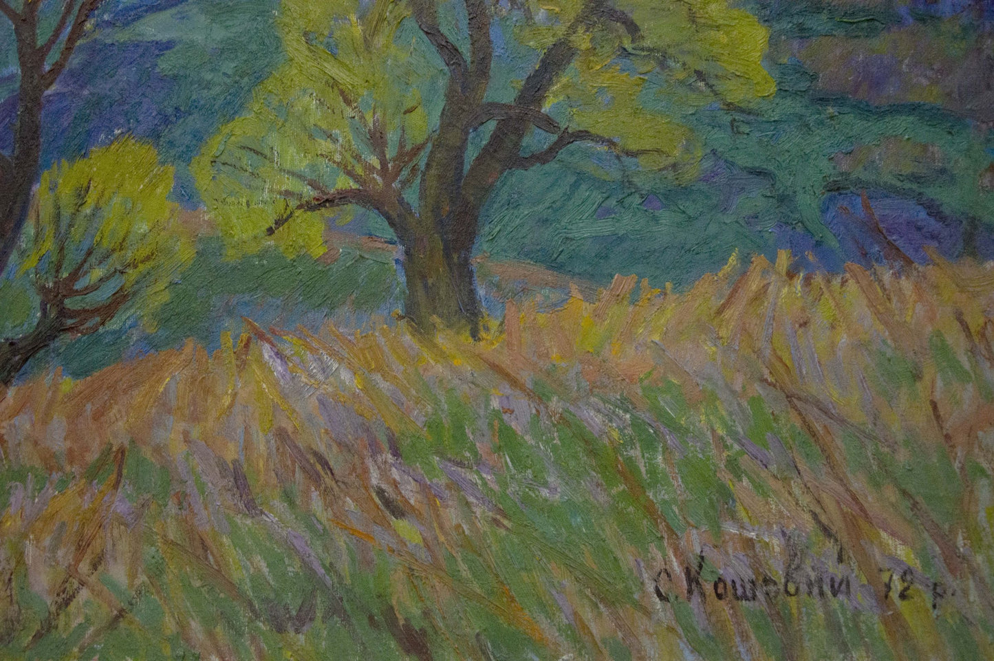 Vibrant impressionist oil painting by Koshevoi Stepan Lvovich: tree with textured bark, yellow-green foliage, golden hills, blue sky