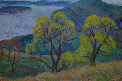 Oil painting by Koshevoi Stepan Lvovich: vibrant yellow trees in landscape