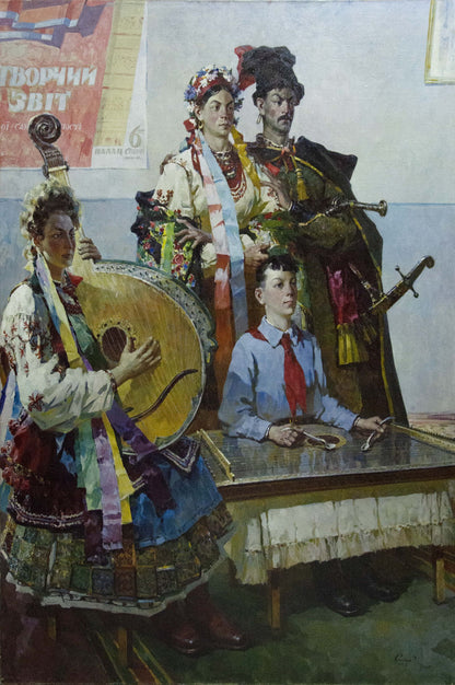 Oil painting by Sidoruk Vladimir Fedorovich: woman in white embroidered dress with ribbons, red boots playing golden-brown balalaika