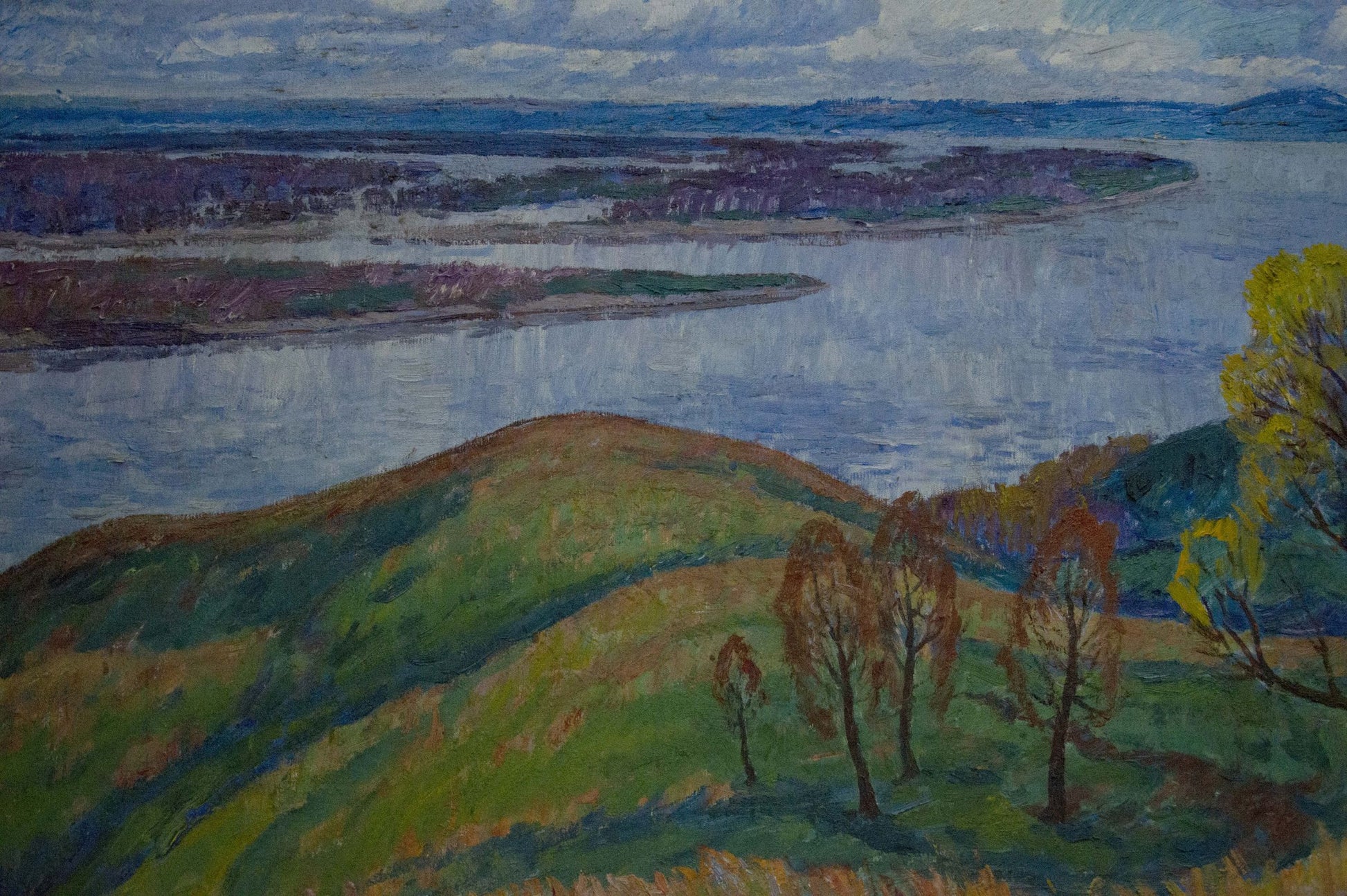 Oil painting by Koshevoi Stepan Lvovich: serene river with hills, autumn trees