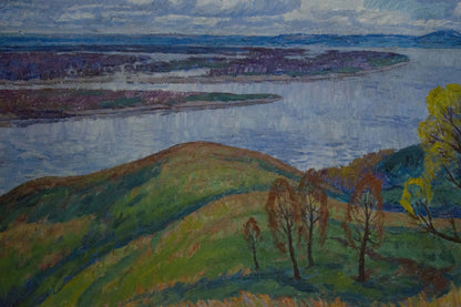 Oil painting by Koshevoi Stepan Lvovich: serene river with hills, autumn trees