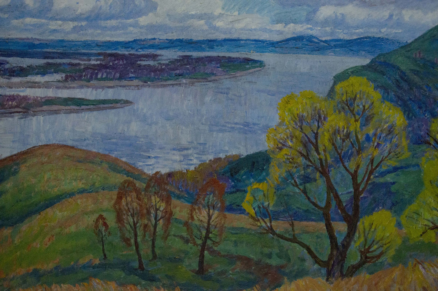 Vibrant impressionist oil painting by Koshevoi Stepan Lvovich: green hills, river, autumn trees