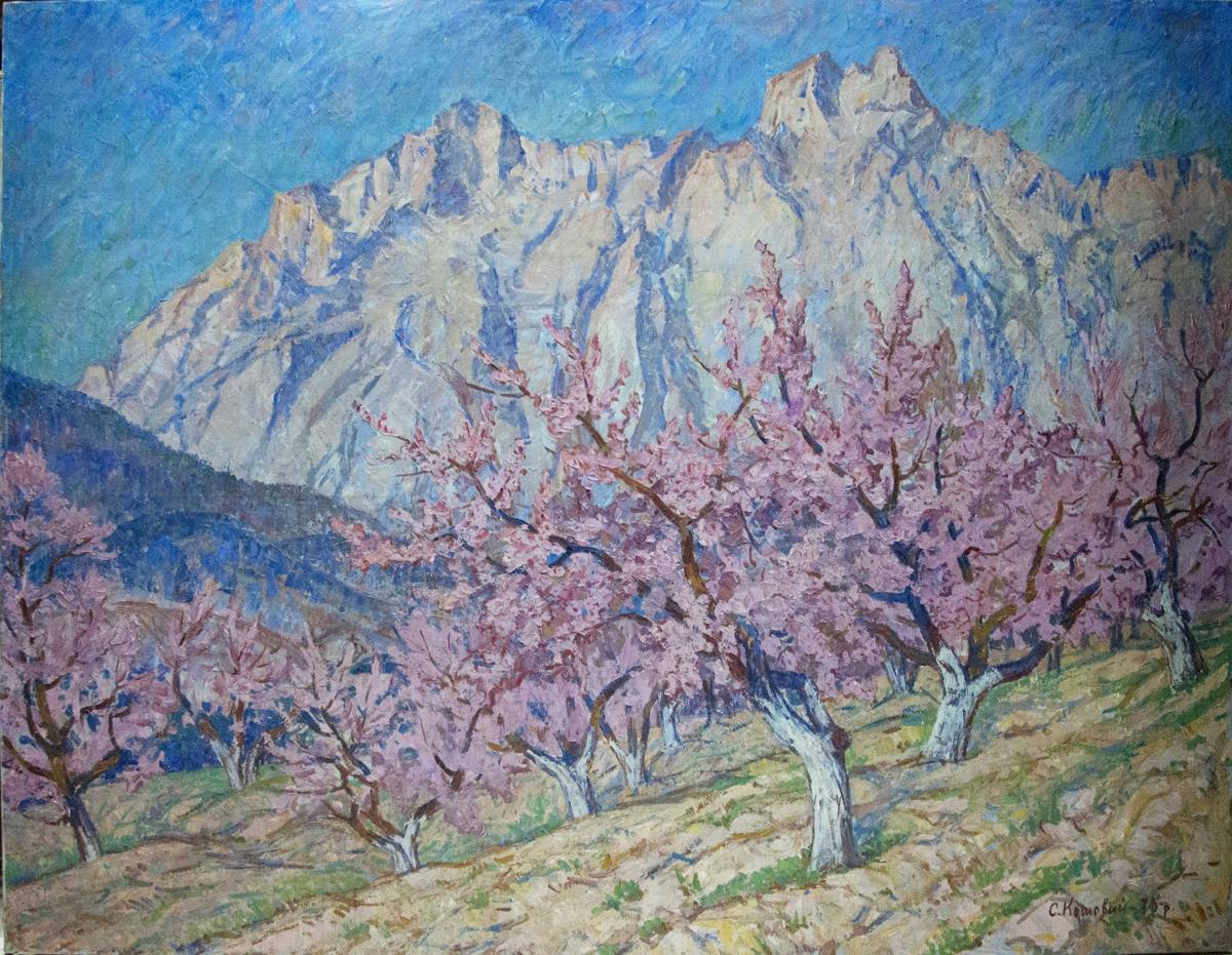 Vibrant impressionist oil painting by Koshevoi Stepan Lvovich: blooming cherry trees, mountains
