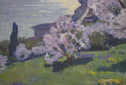 Vibrant oil painting of blossoming cherry trees by Alexander Kerzhner