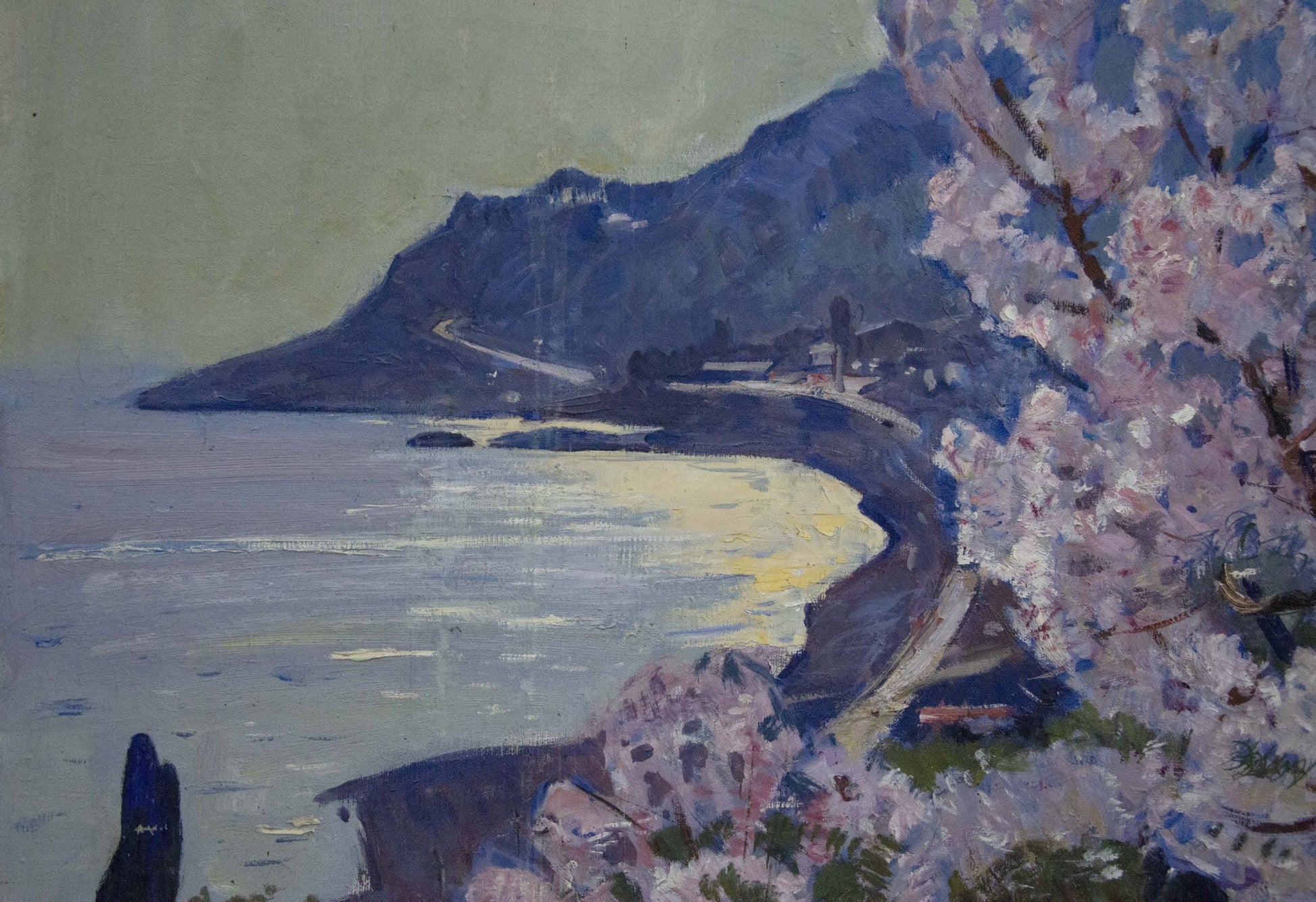 Oil painting of pink cherry tree in bloom by Alexander Kerzhner seaside garden