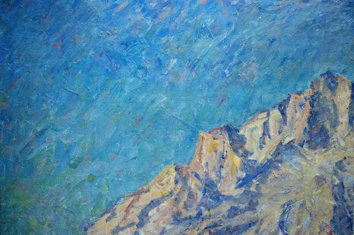 Oil painting of blooming trees, rugged mountains under dynamic blue sky by Koshevoi Stepan Lvovich