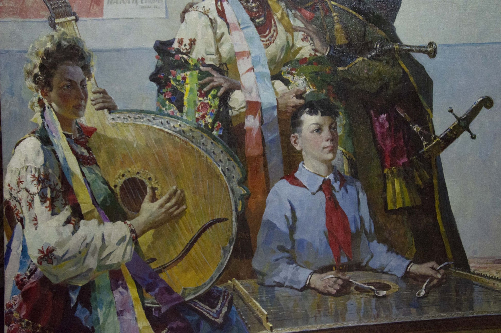 Oil painting by Sidoruk Vladimir Fedorovich: woman in white embroidered dress plays ornate golden balalaika
