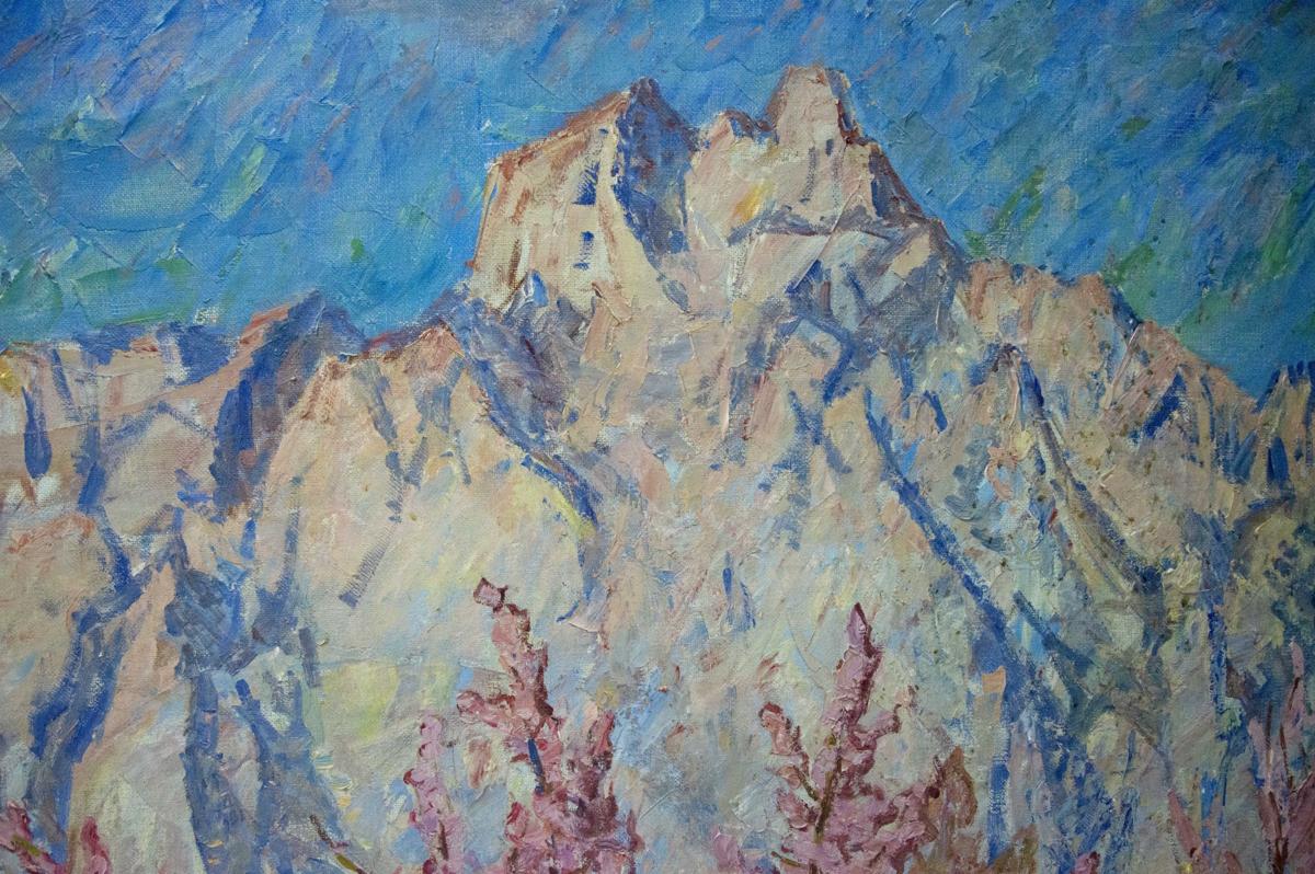 Oil painting of blooming trees by Koshevoi Stepan Lvovich on rugged mountains