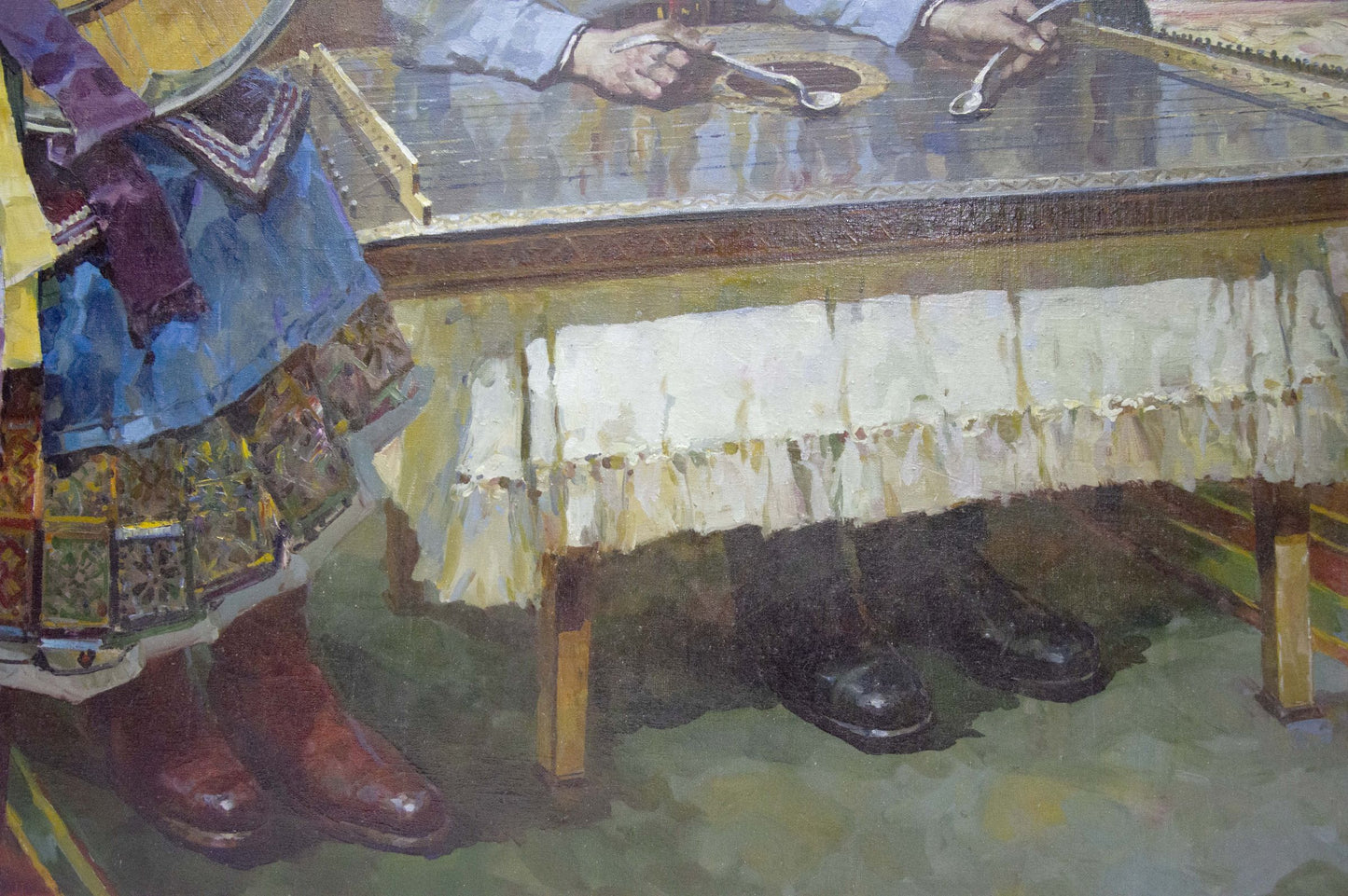 Oil painting by Sidoruk Vladimir Fedorovich: wooden table with white fringed cloth
