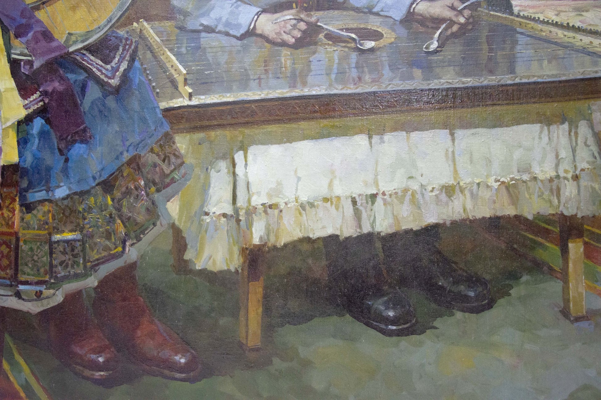 Oil painting by Sidoruk Vladimir Fedorovich: wooden table with white fringed cloth