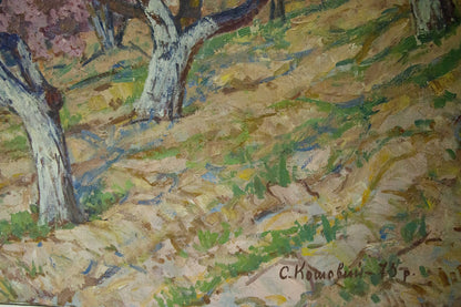 Textured oil painting of blooming trees on wooded hillside by Koshevoi Stepan Lvovich