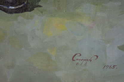 Back of oil painting Performance by Sidoruk Vladimir Fedorovich with red signature Stefan 1965