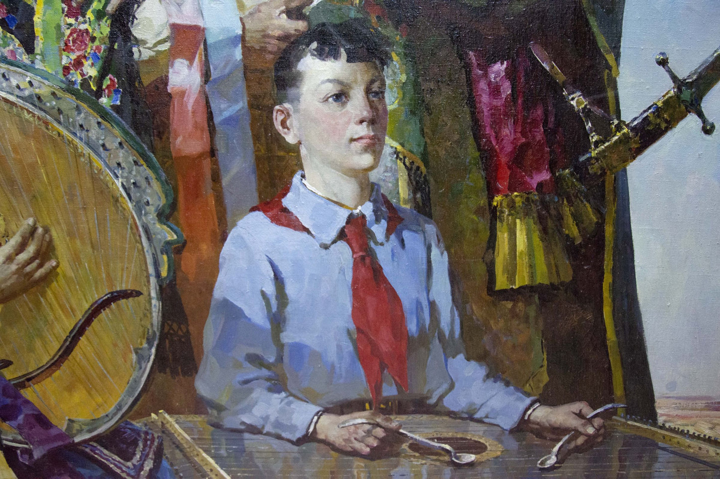 Oil painting by Sidoruk Vladimir Fedorovich: boy in blue shirt and red tie with spoons