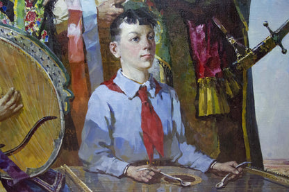 Oil painting by Sidoruk Vladimir Fedorovich: boy in blue shirt and red tie with spoons