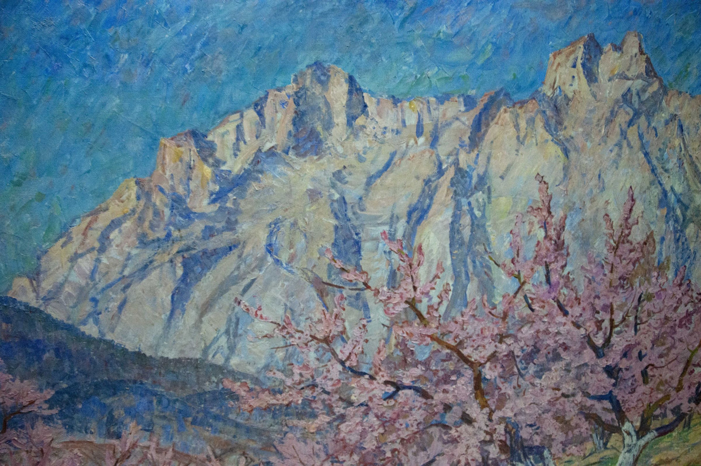 Vibrant oil painting Trees are blooming by Koshevoi Stepan Lvovich, pink blossoms and mountains