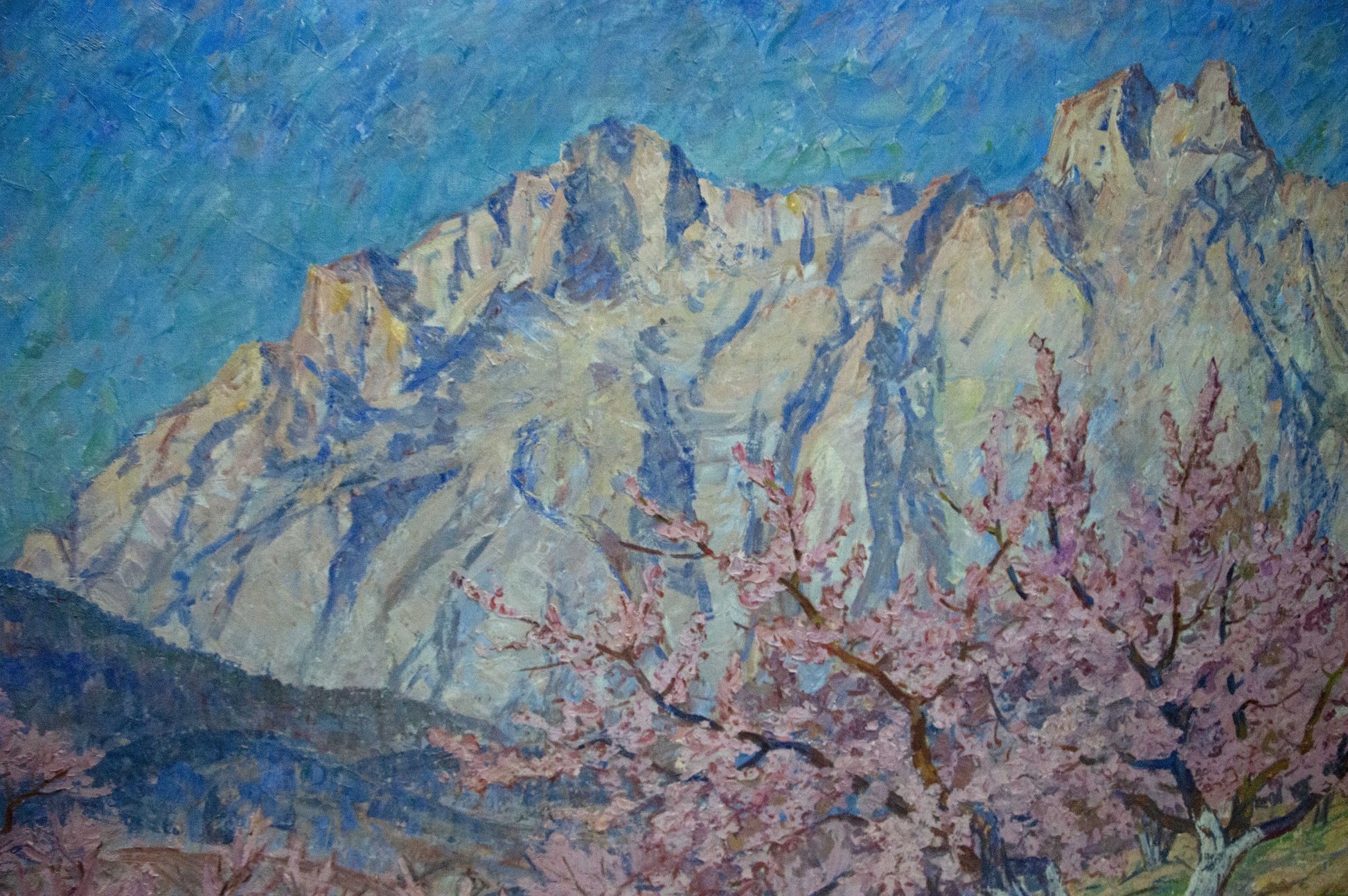Vibrant oil painting Trees are blooming by Koshevoi Stepan Lvovich, pink blossoms and mountains