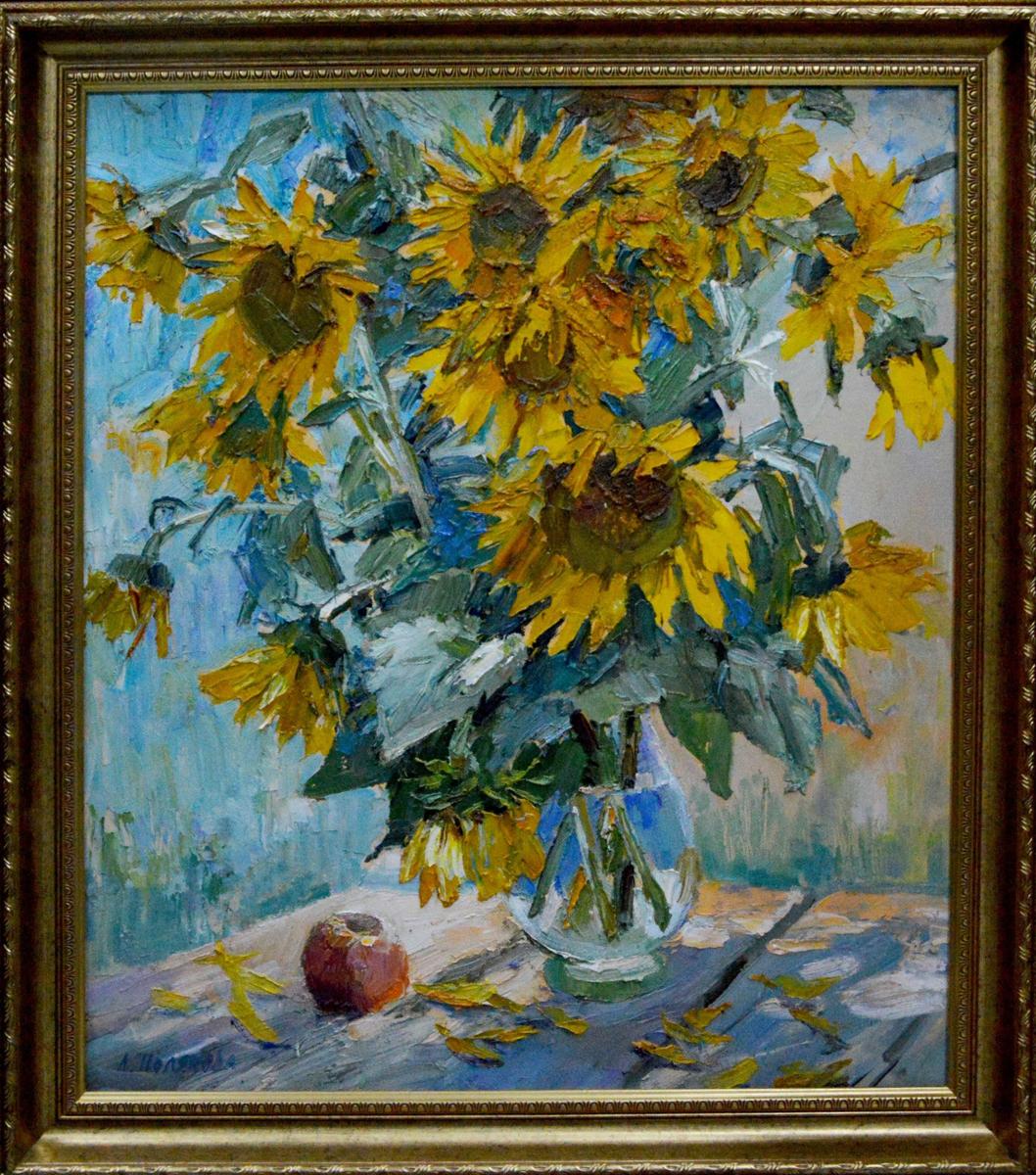 Vibrant oil painting of sunflowers in glass vase by Polyakova Lyudmila Valentinovna