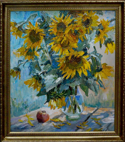 Vibrant oil painting of sunflowers in glass vase by Polyakova Lyudmila Valentinovna