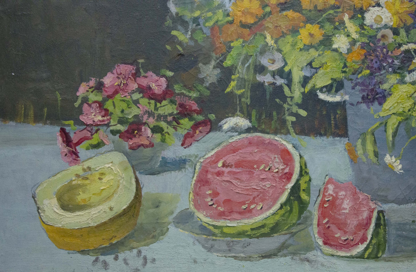 Oil painting of vibrant sliced watermelon by Vladimir Zhugan
