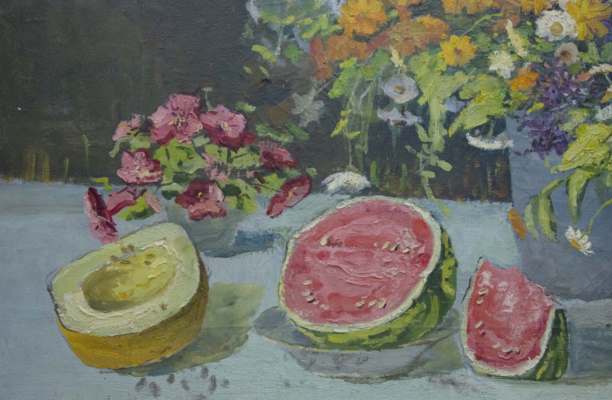 Oil painting of vibrant sliced watermelon by Vladimir Zhugan