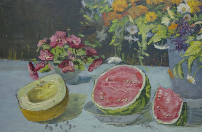 Oil painting of vibrant sliced watermelon by Vladimir Zhugan