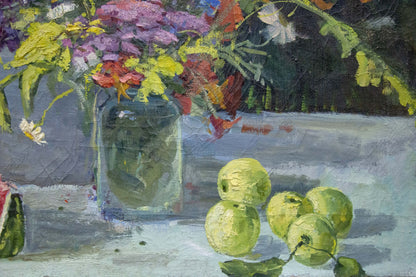 Oil painting of vibrant purple yellow red flowers in glass jar by Vladimir Zhugan
