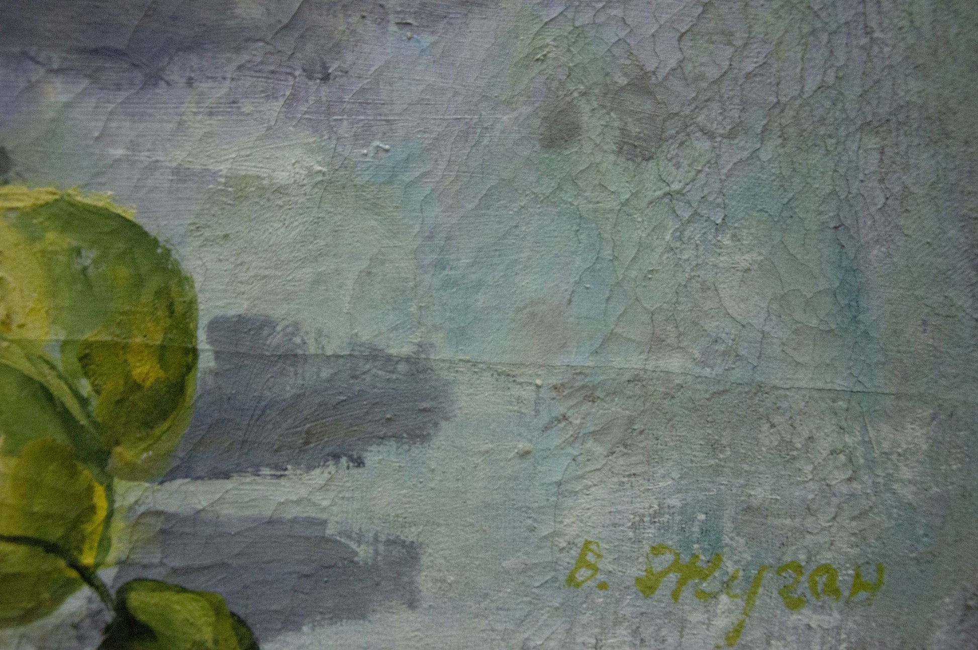 Oil painting by Vladimir Zhugan: green apples on textured blue-gray canvas