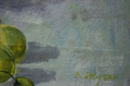 Oil painting by Vladimir Zhugan: green apples on textured blue-gray canvas