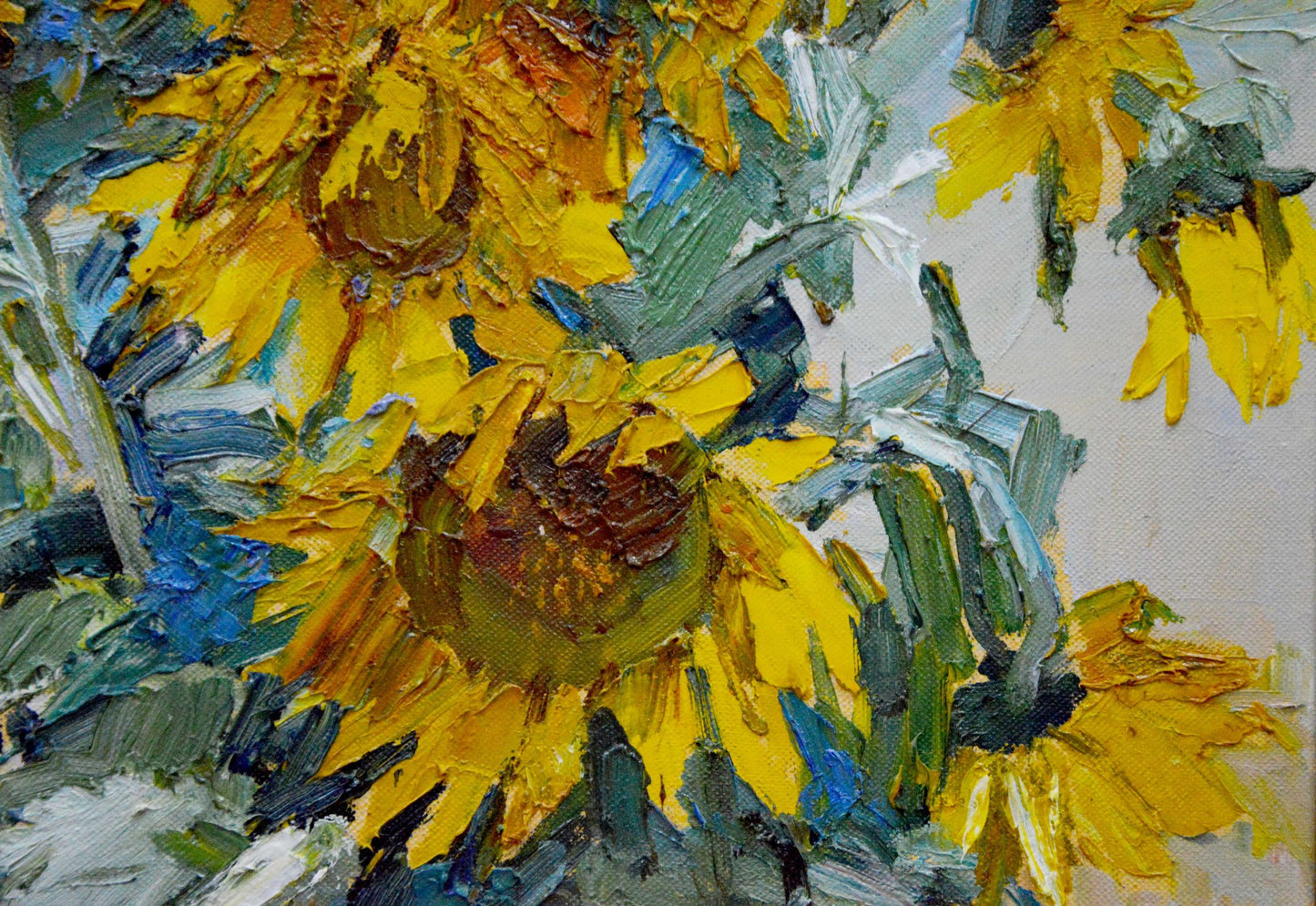 Oil painting of vibrant yellow sunflowers by Polyakova Lyudmila Valentinovna