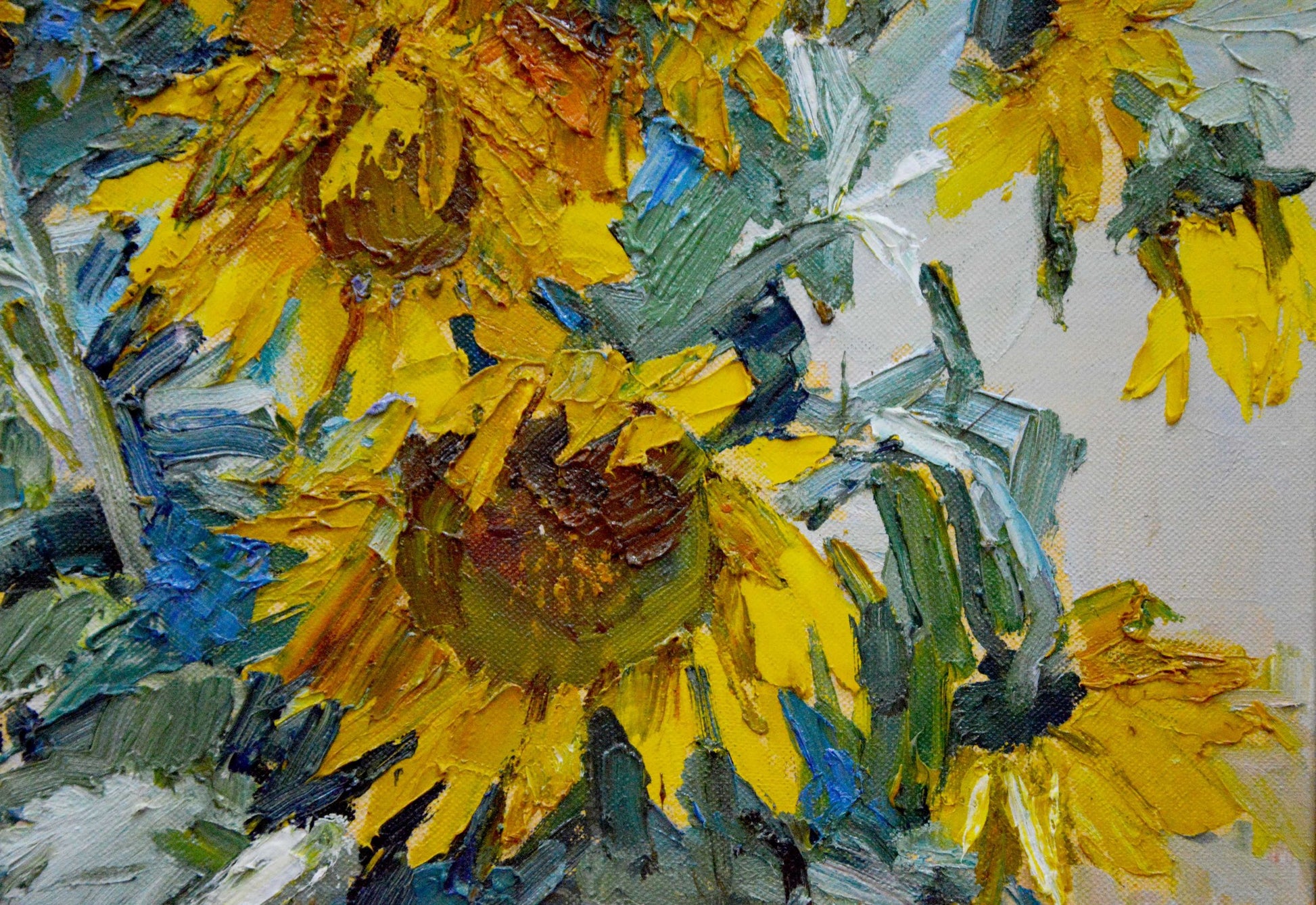 Oil painting of vibrant yellow sunflowers by Polyakova Lyudmila Valentinovna