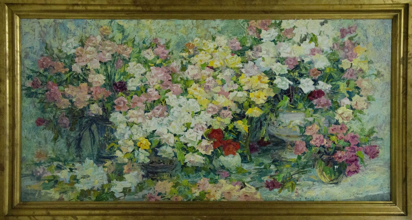 Oil painting Flower garden by Artym Olga Markovna with roses in gold frame