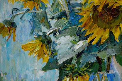 Oil painting of vibrant yellow sunflowers by Polyakova Lyudmila Valentinovna