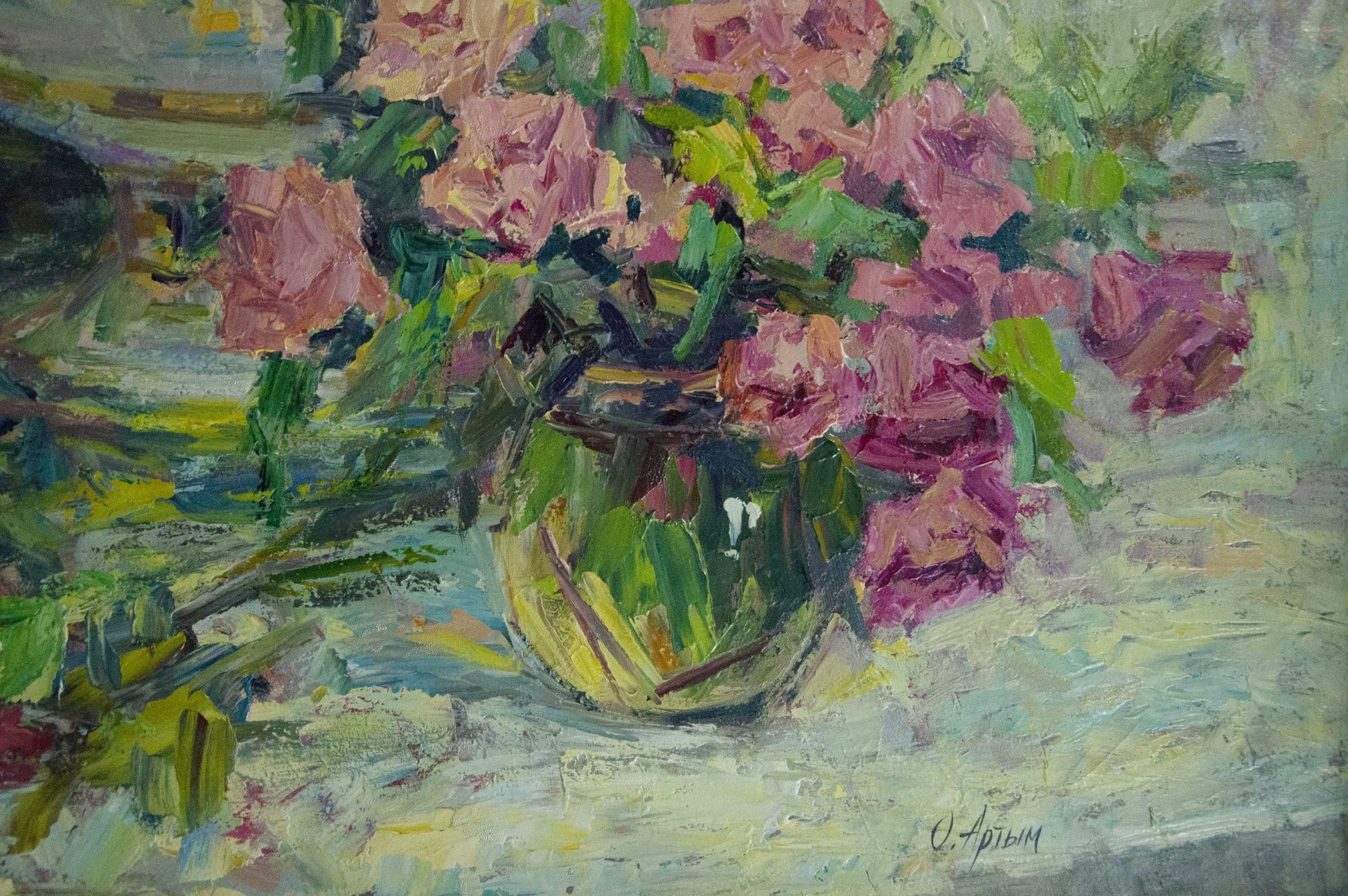 Vibrant impressionist oil painting of pink purple roses in green vase by Artym Olga Markovna