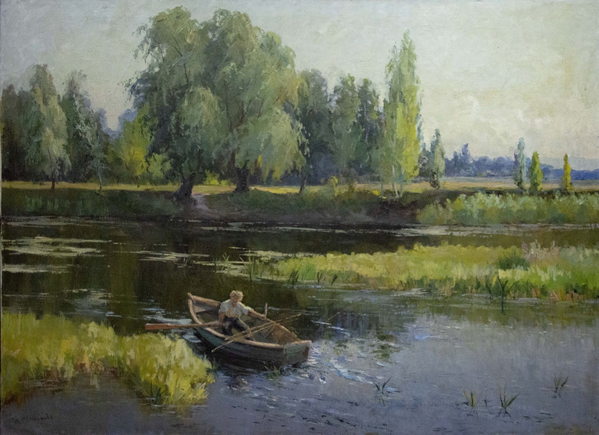 Oil painting of wooden rowboat on calm water by Nepiypivo Vasily Ignatievich