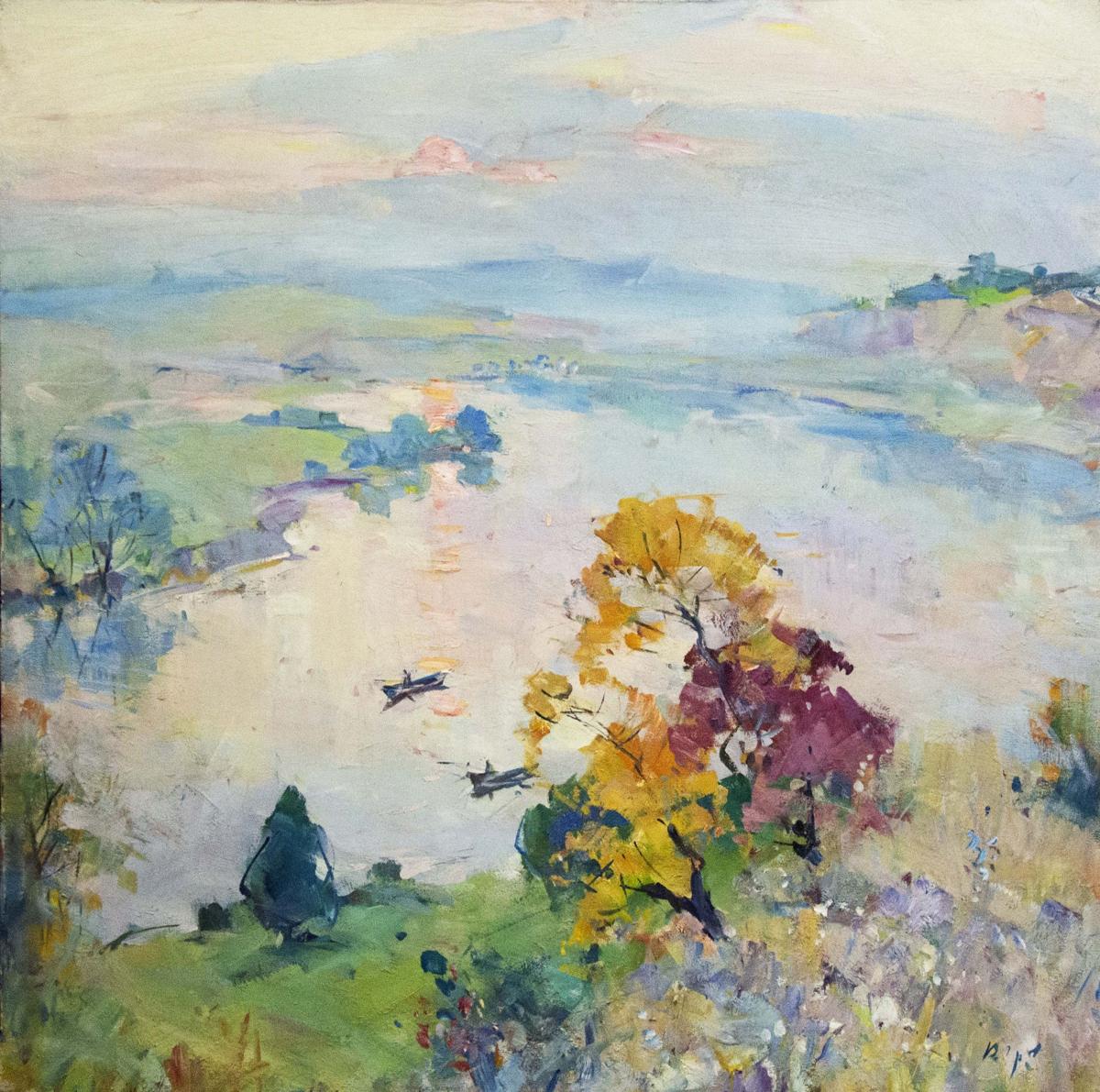 Vibrant impressionist oil painting of early fishing on autumn river