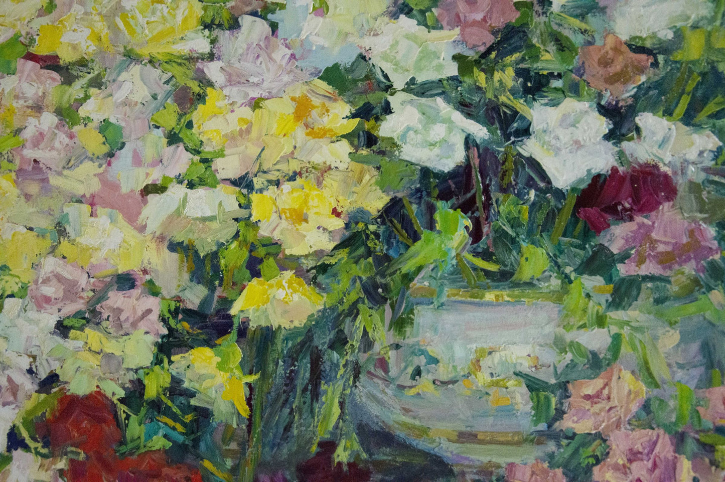 Vibrant impressionistic oil painting of lush flowers in vase by Artym Olga Markovna