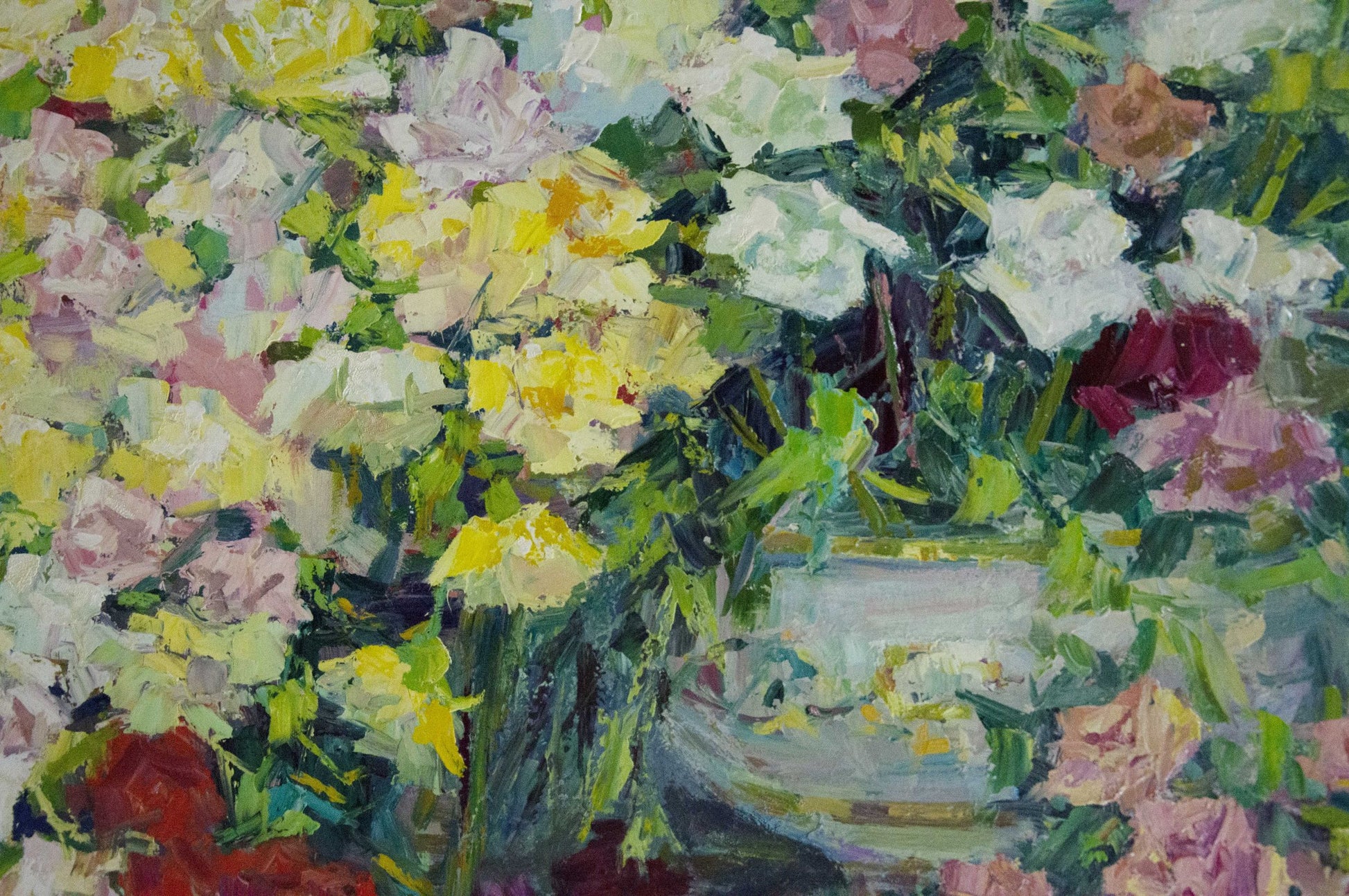 Vibrant impressionistic oil painting of lush flowers in vase by Artym Olga Markovna