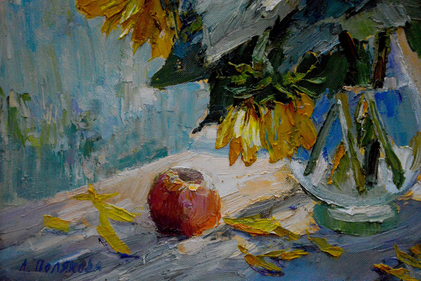 Oil painting of vibrant yellow sunflower bouquet by Polyakova Lyudmila Valentinovna